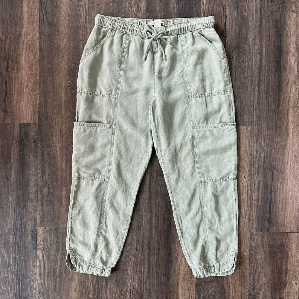 C&C California Linen Blend Pants Green Cargo Ankle Tie Waist Casual Bottoms Sz L